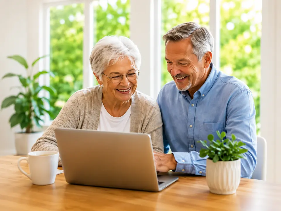 A senior couple smiling as they use a laptop at the kitchen table